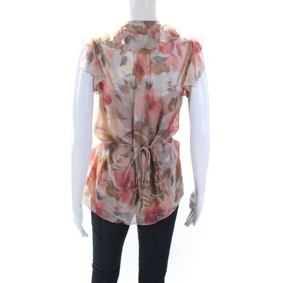Rebecca Taylor Womens Ruffled V Neck Abstract Chiffon Top White Pink Silk Size 2 - Picture 3 of 6